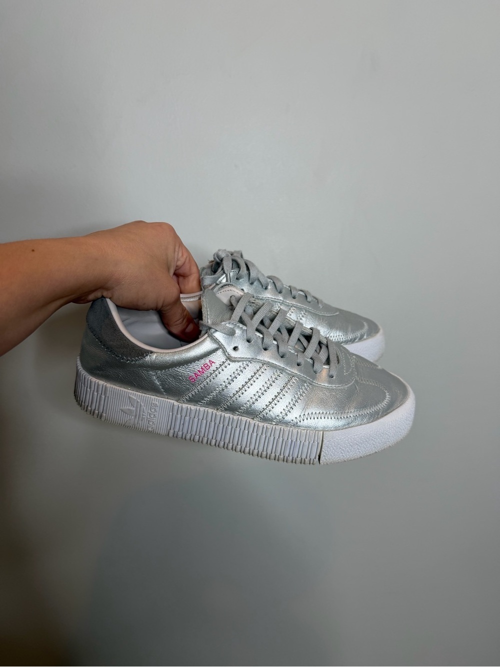 Adidas Sambarose Silver Metallic Platform Sneakers Womens 8 Leather Shoes